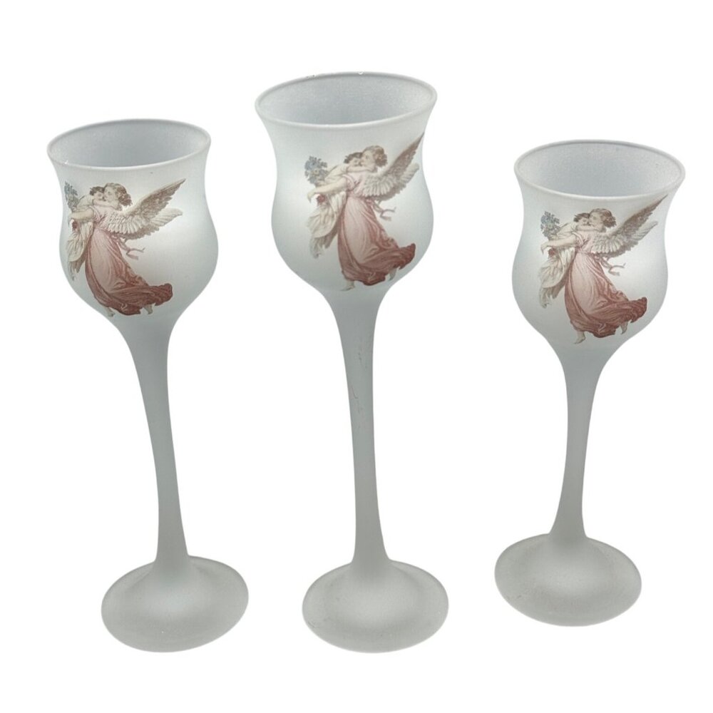 L. E. Smith Set of 3 Candle Votive Holders Baby & Angels Christmas Frosted Glass